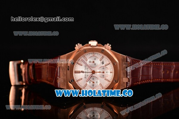 Audemars Piguet Royal Oak Chrono 41MM Swiss Valjoux 7750 Automatic Rose Gold Case with White Dial Stick Markers and Brown Leather Strap (EF) - Click Image to Close